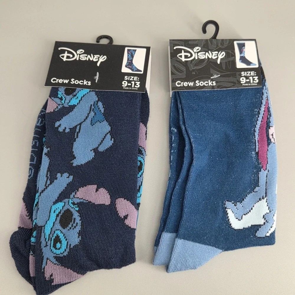 Disney Crew Socks Mens‎ Size 9-13 Stitch and Eeyore 2 Pair Bundle Character Blue